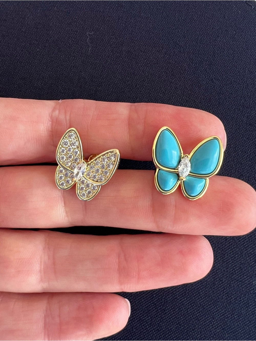 Gold Butterfly Stud Earrings with Turquoise and Crystal Accents